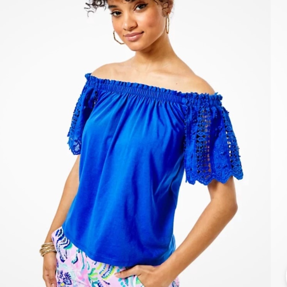 Lilly Pulitzer Fayette Off-The-Shoulder Top Blue MEDIUM crochet lace coastal - Picture 5 of 10